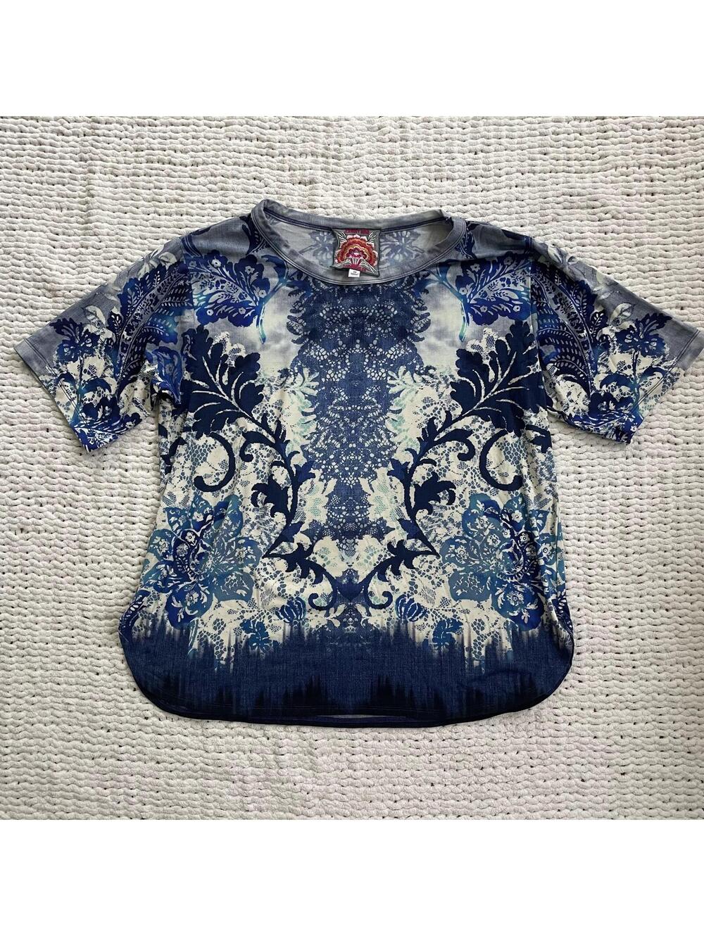 Johnny Was Janie Favorite Oversized Cropped Tee in Denim Lace Scarf - Size XS